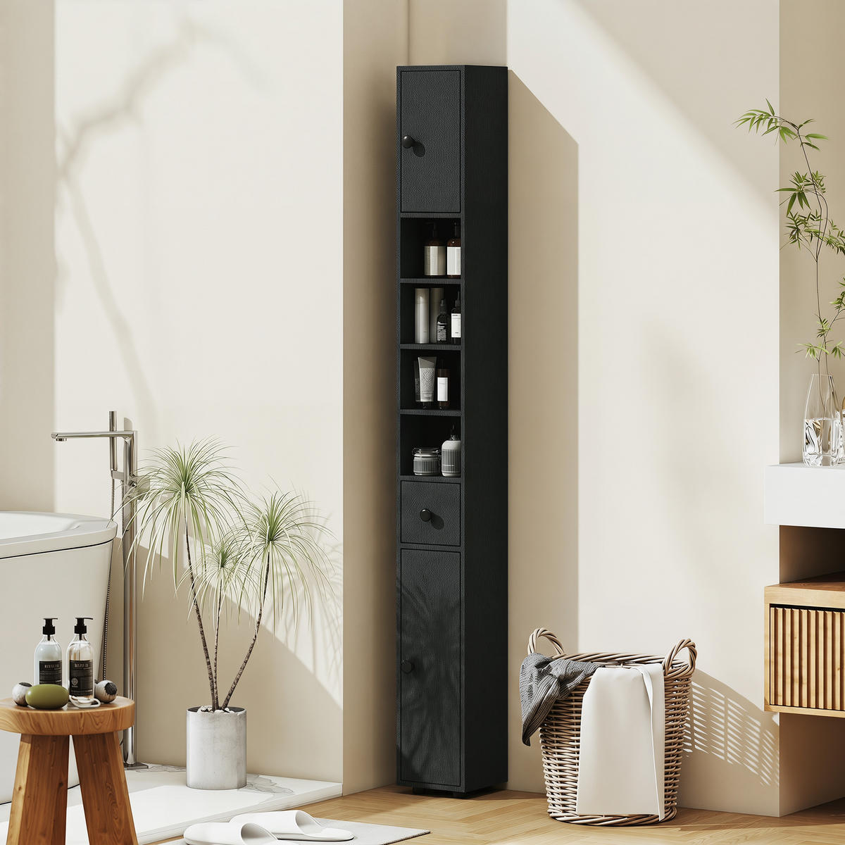 BADEZIMMERSCHRANK Spanplatte Schwarz - Schwarz/Grün, Karton/Holzwerkstoff (20/180/20cm) - Kleankin
