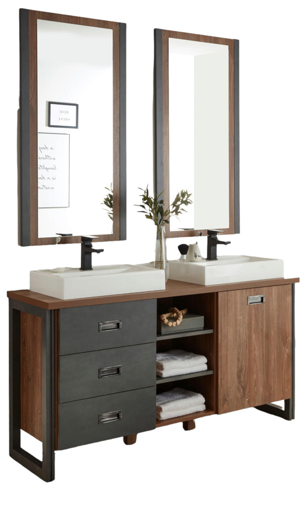 BADMÖBEL-SET 5-teilig Eiche Stirling, Matera grau, Doppelwaschtisch inkl. 2 x Waschbecken 138 x 205 cm Badkombination - Eichefarben/Grau, Holzwerkstoff (138/205/40cm) - Furn.Design