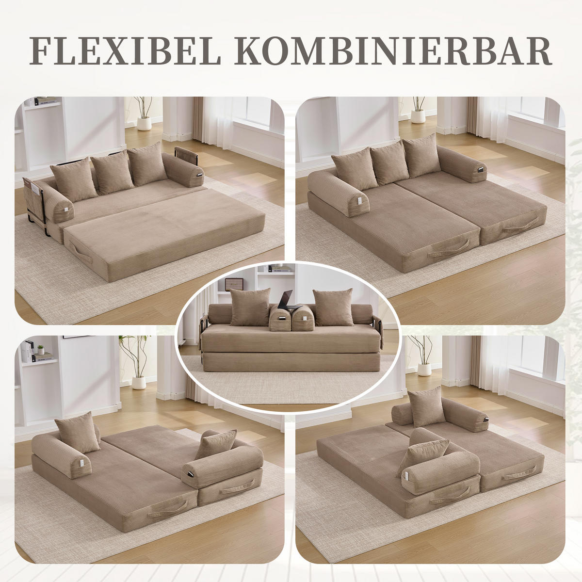 SCHLAFSOFA 200/94/67 cm khaki mit Seitentaschen plus und 3 Kissen - Sandfarben, Textil (200/67/94cm) - Oxeza