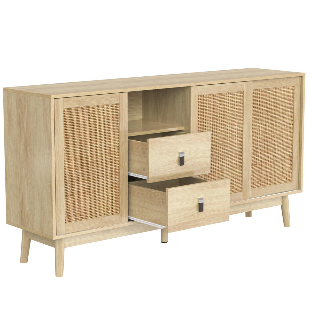 SIDEBOARD 155/38/80 cm aus MDF und Spanplatte mit Rattanschiebetüren und 2 Schubladen Holzfarben - Naturfarben, Holzwerkstoff (155/80/38cm) - Modenvie