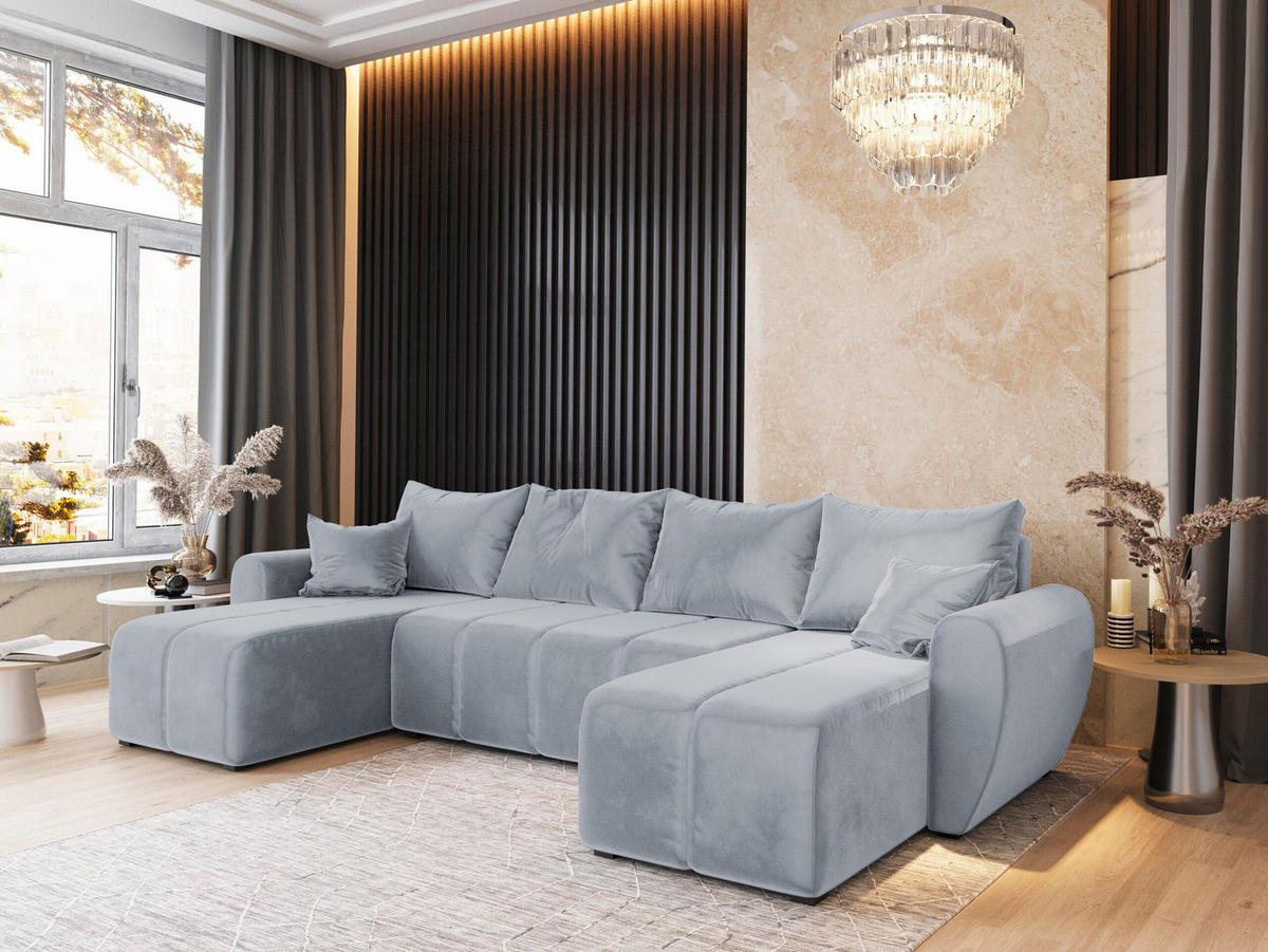 WOHNLANDSCHAFT MADISON U Hellgrau Plüsch-Stoff mit Schlaffunktion - Hellgrau, Holz (311/82/145cm) - MASSENO