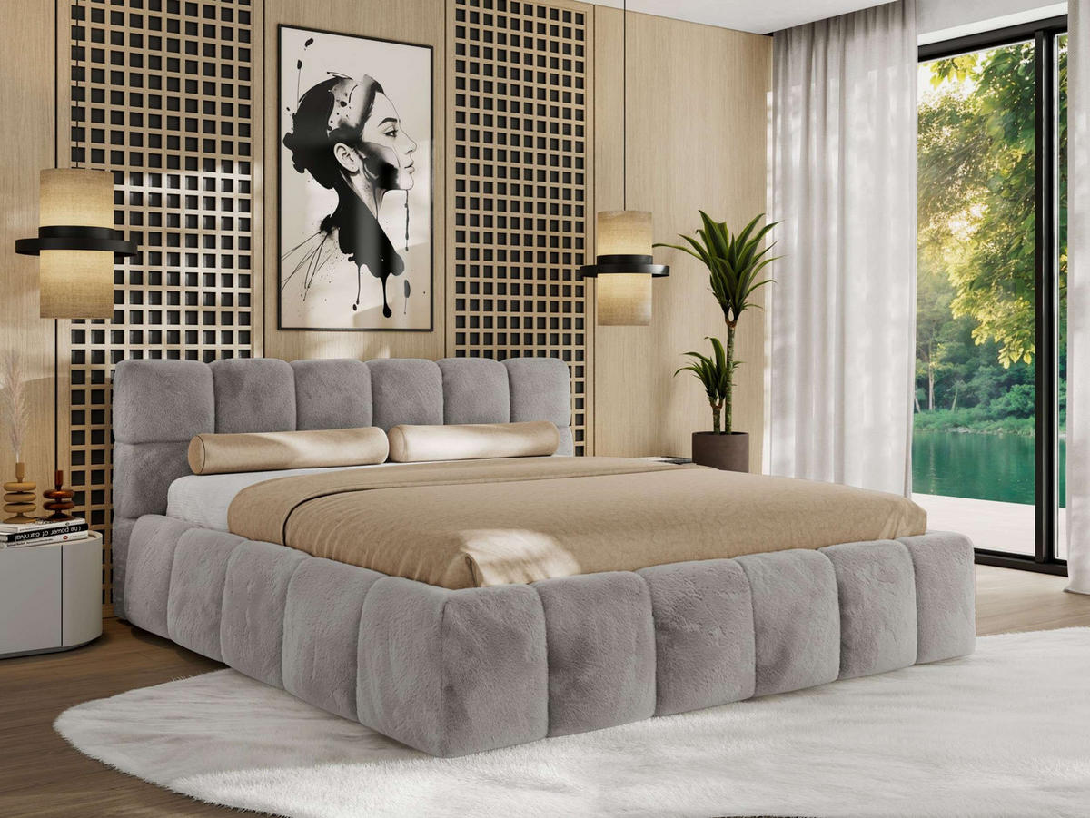 POLSTERBETT NIRA CLASSIC 180/200 - Hellgrau Plüsch - Schaum-Matratze - Hellgrau, Textil (180/200cm) - MKS