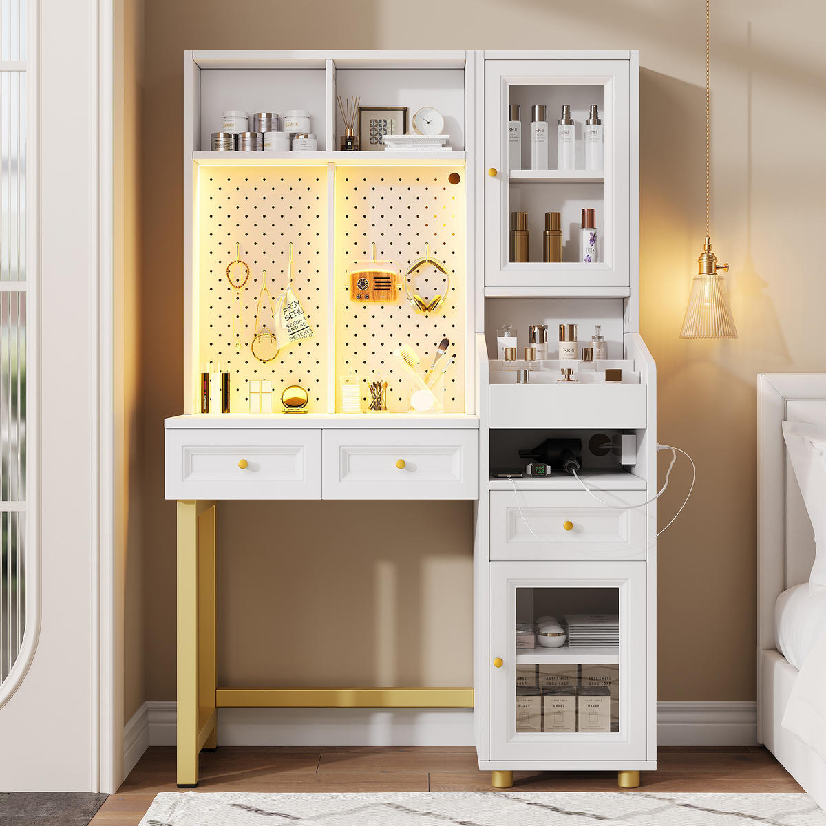 SCHMINKTISCH LED Spiegel USB Schubladen Glasvitrine Weiß - Multicolor, Holzwerkstoff (100/156/45cm) - FLIEKS