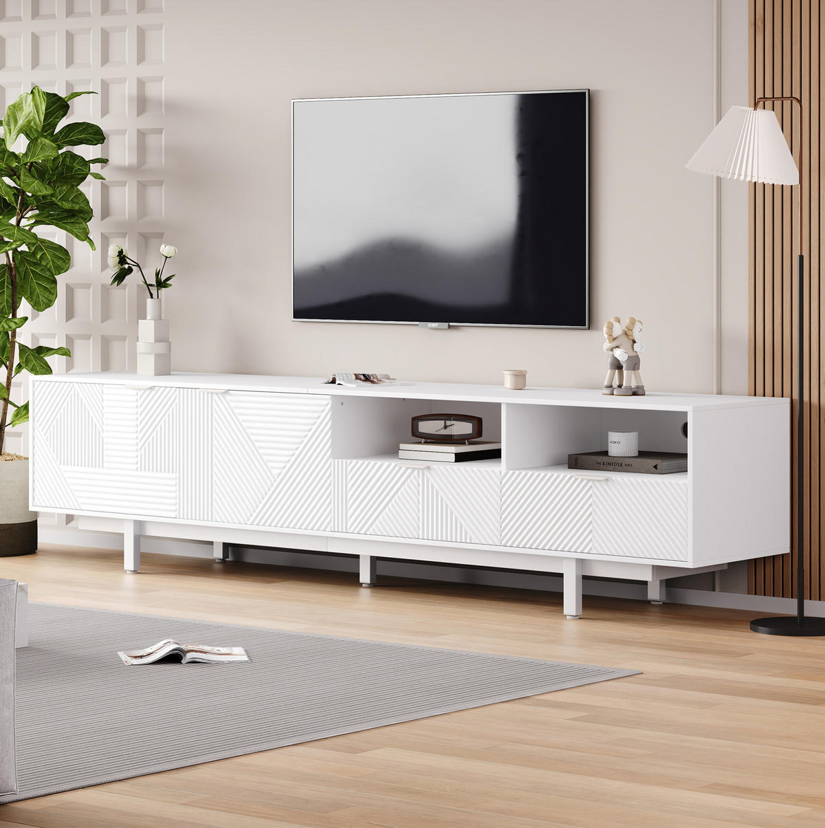 TV ormarić 200/40/51 cm bijeli od iverice s geometrijskim uzorkom i spremištem - bijela, drvni materijal (200/51/41cm) - OKWISH