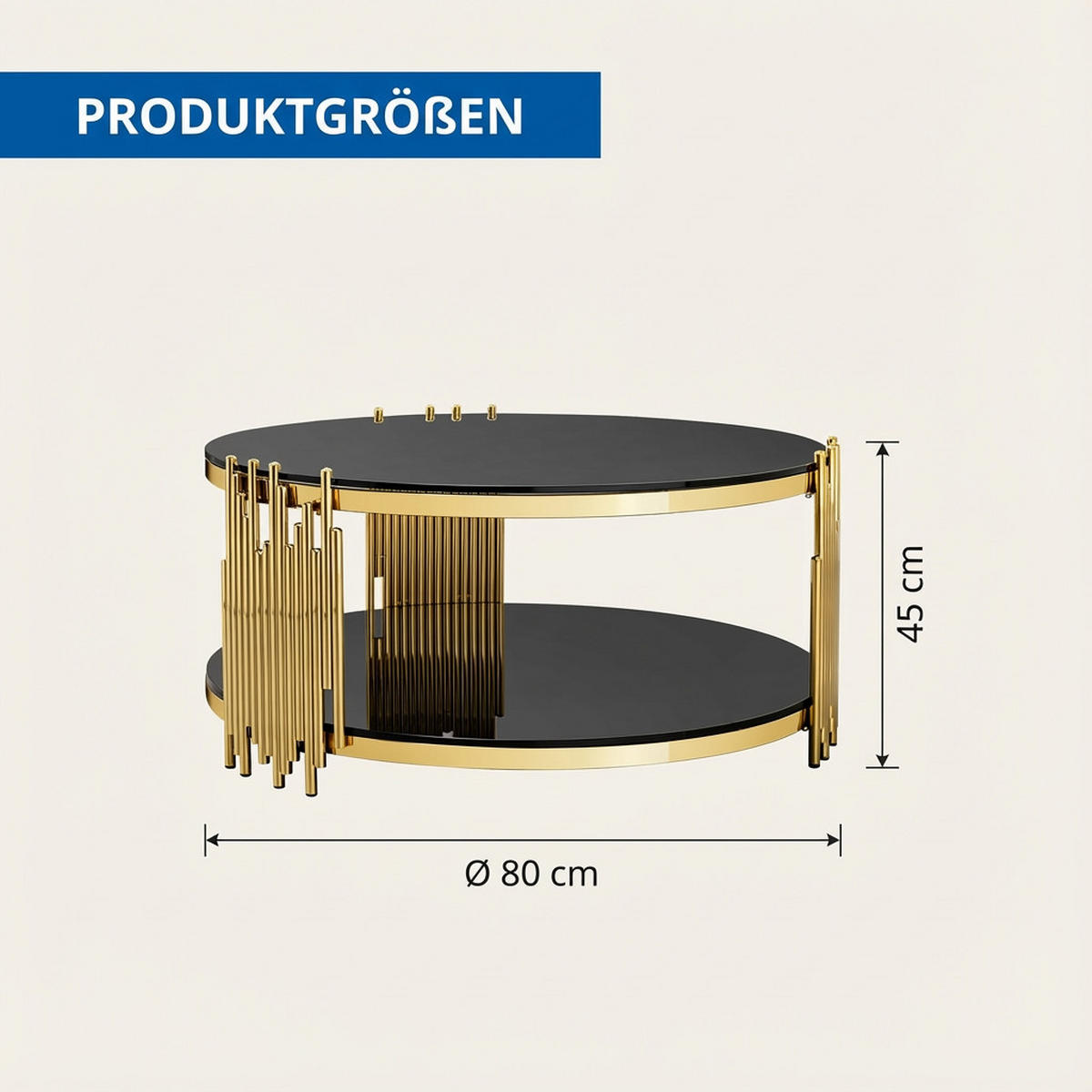 COUCHTISCH rund in Schwarz und Gold, Ø 80 cm, Doppelglas und Edelstahlgestell - Goldfarben, Metall (80/80/45cm) - Urban Meuble