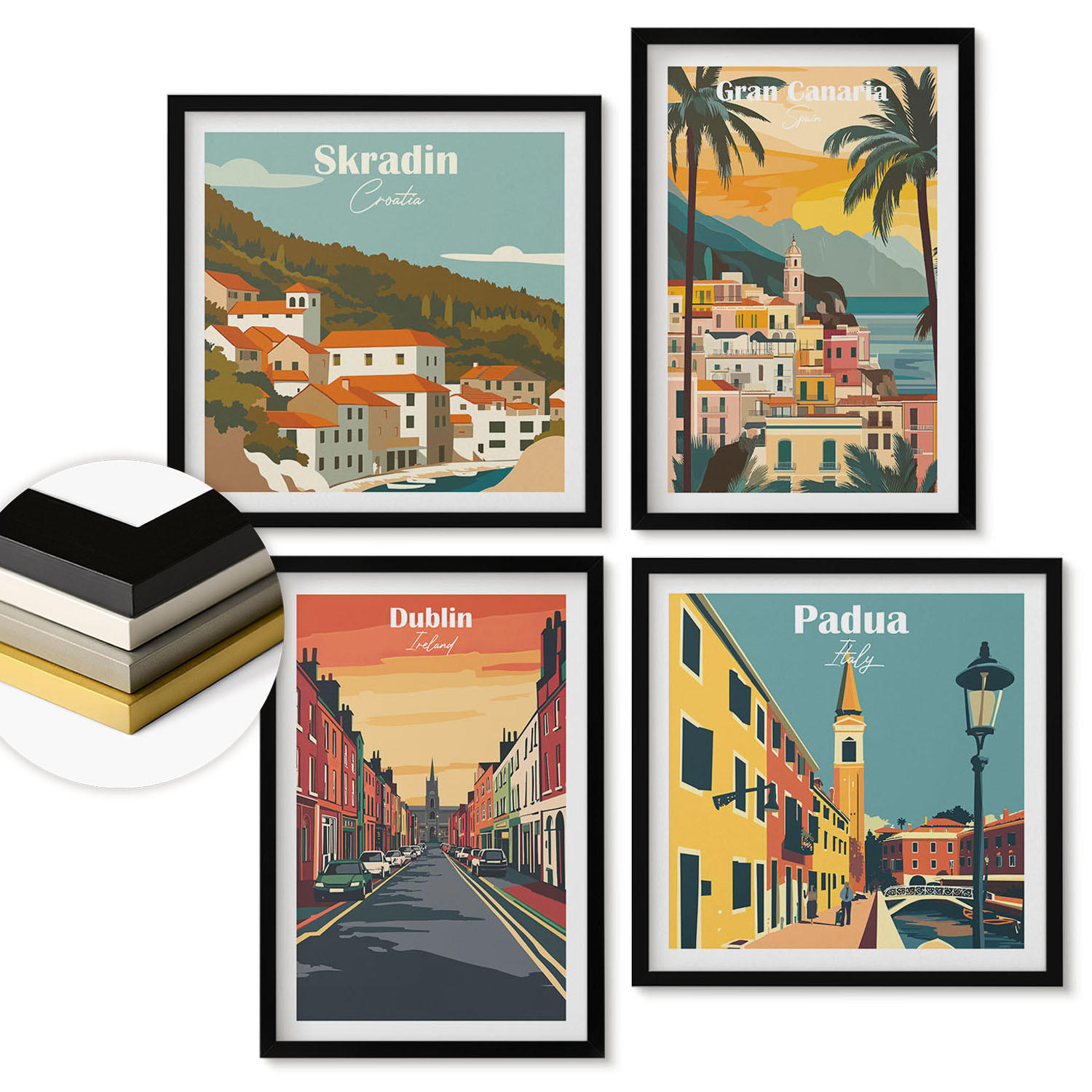 WANDBILDER 4er-Set - 50x50 cm & 40x60 cm Schwarzer Rahmen - Stadt- und Naturlandschaften - Schwarz, Kunststoff (50/50cm) - ArtPrintCave