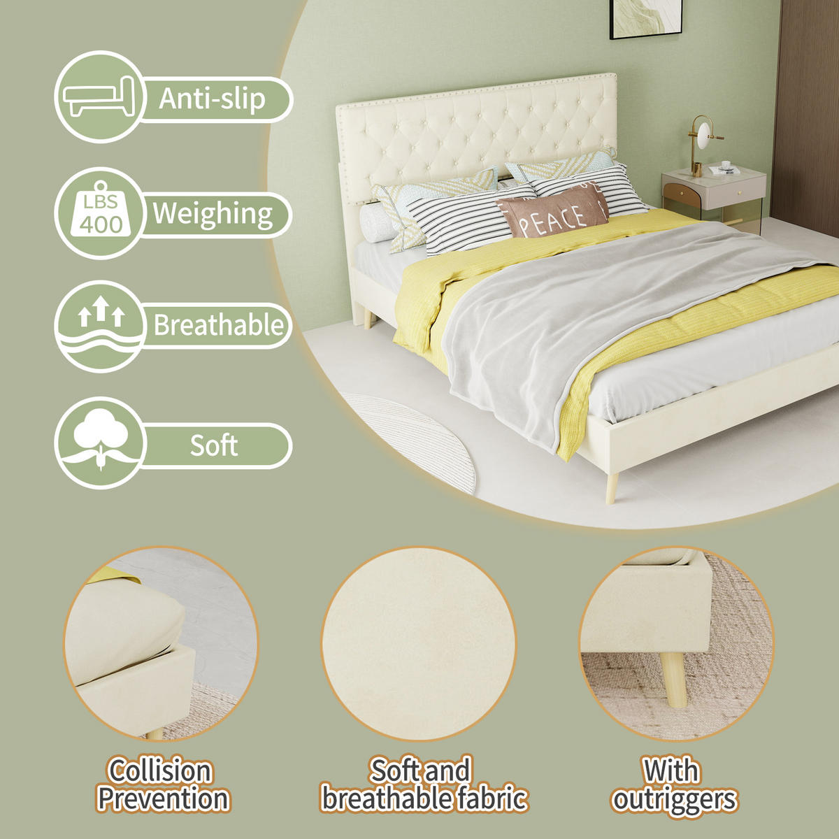 POLSTERBETT 140/200 cm DE-35451 mit weichem Kopfteil Beige - Beige, Metall (140/200cm) - ComfortXL
