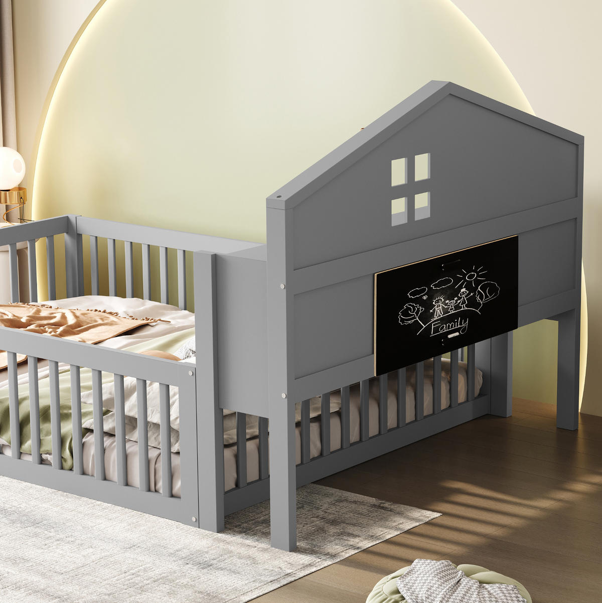KINDERBETT 140/200 cm Grau aus Massivholz mit Hausrahmen und Stauraum - Grau, Holz (140/200cm) - OKMYHOME