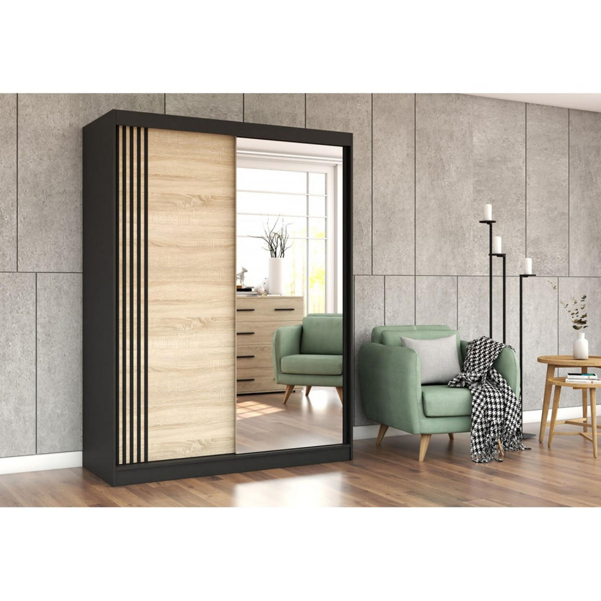 SCHIEBETÜRENSCHRANK - Lara 07 (Schwarz + Sonoma) - Schwarz/Sonoma Eiche, Holzwerkstoff/Metall (150/200/61cm) - Möblo
