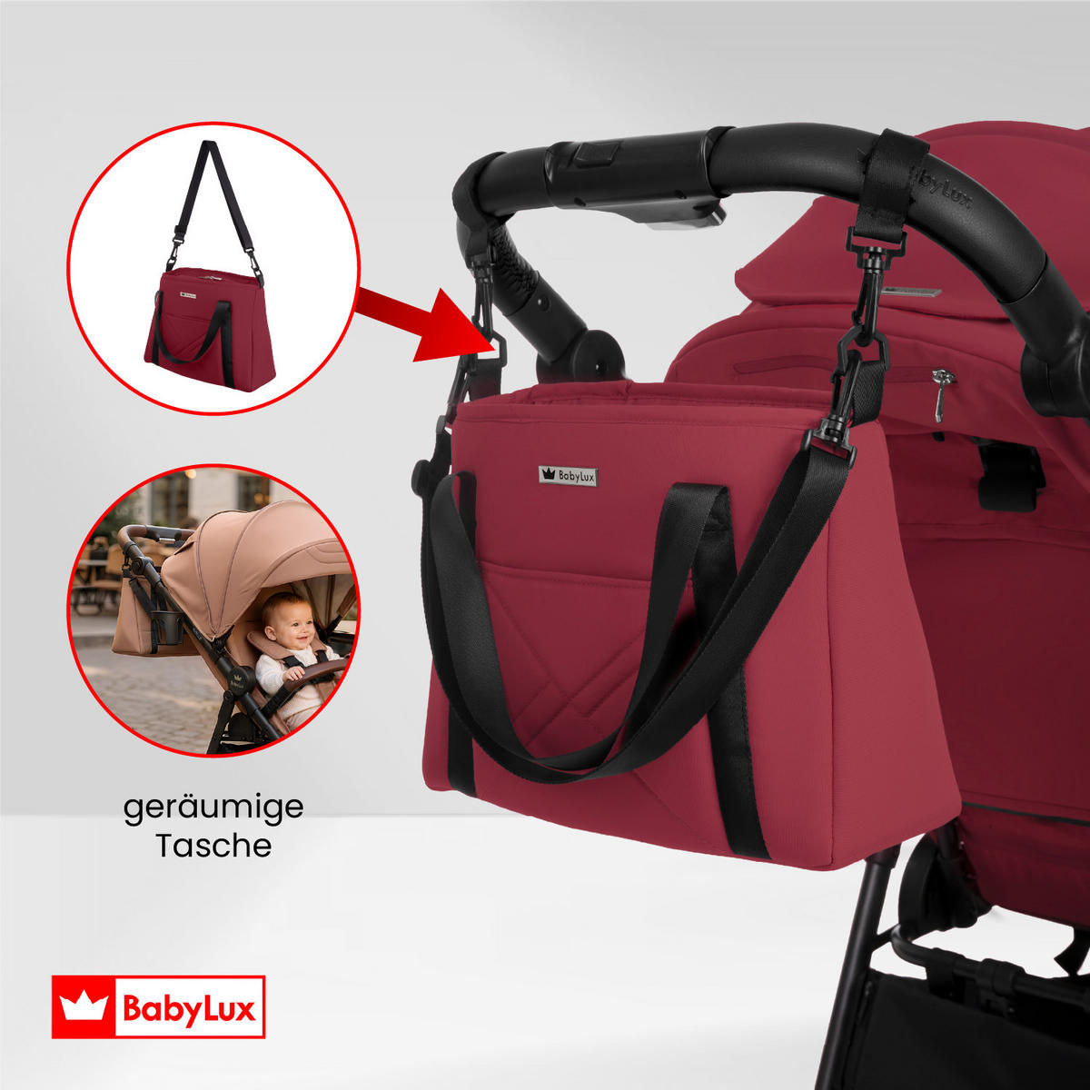 BUGGY Rolle, Klein und Leicht, Teleskopische Führung, Kompakt Faltbar, Wickeltasche, Reisetasche - Rot/Schwarz, Textil/Metall (58/99cm) - BabyLux