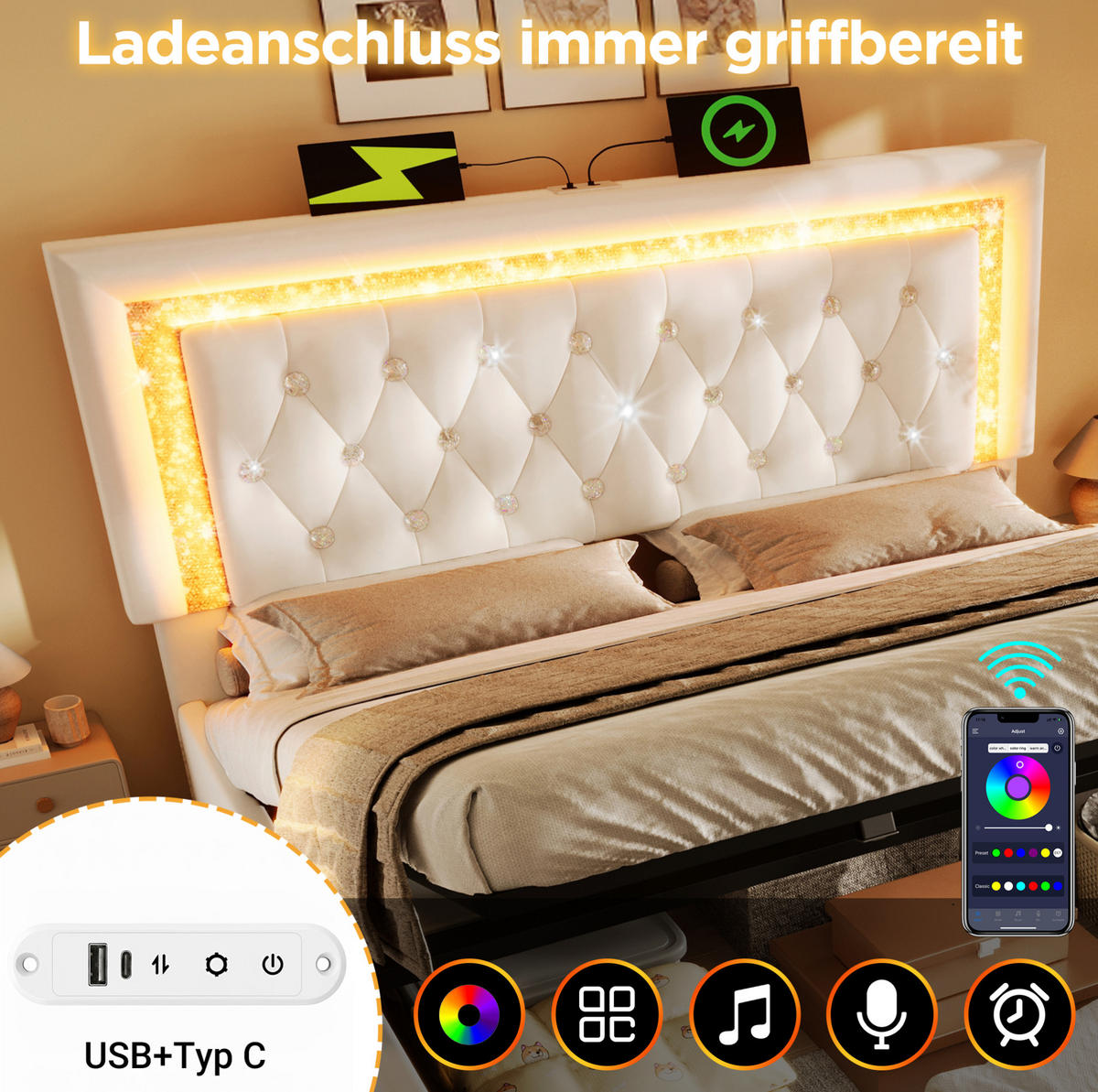 POLSTERBETT 140/200 cm aus Samt in Beige mit Stauraum und LED-Beleuchtung - Beige, Textil (140/200cm) - Flora Grace