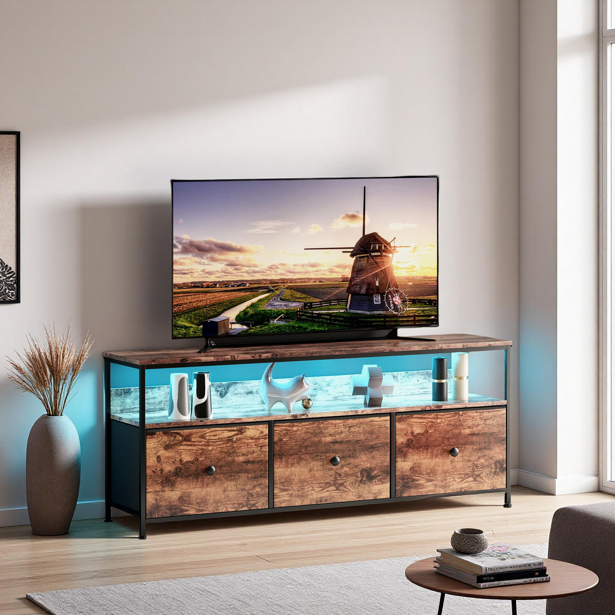 LOWBOARD, TV Schrank mit LED 137x30x57 cm, mit 3 Stoffschubladen und offenen Fächern - Eiche Artisan, Holz (29.8/57/137cm) - WoodenAura