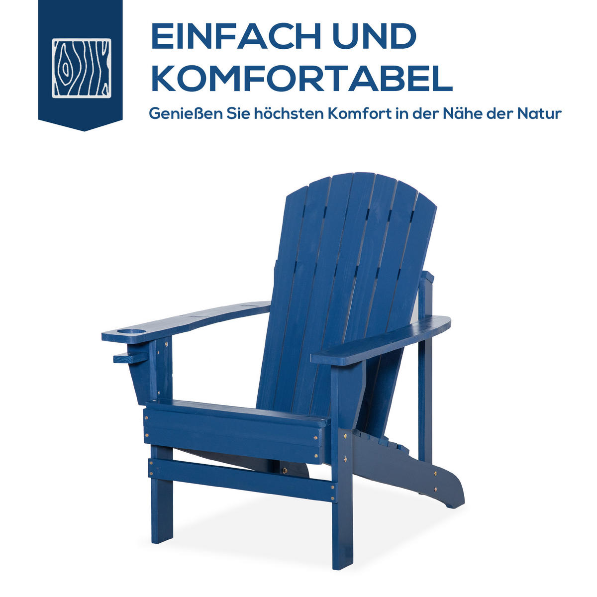 ADIRONDACK-GARTENSTUHL, mit Becherhalter, Gartenliege, Balkonstuhl, Massivholz, Blau - Blau, Holz (95/93/72cm) - Outsunny