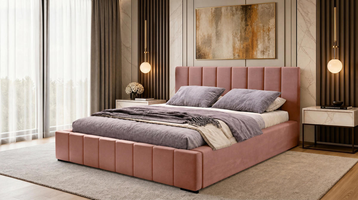MARPUR Polsterbett NERO 180x200 cm mit Bettkasten und Lattenrost, Rosa - Chromfarben/Rosa, Holz/Holzwerkstoff (180/200cm) - Marpur