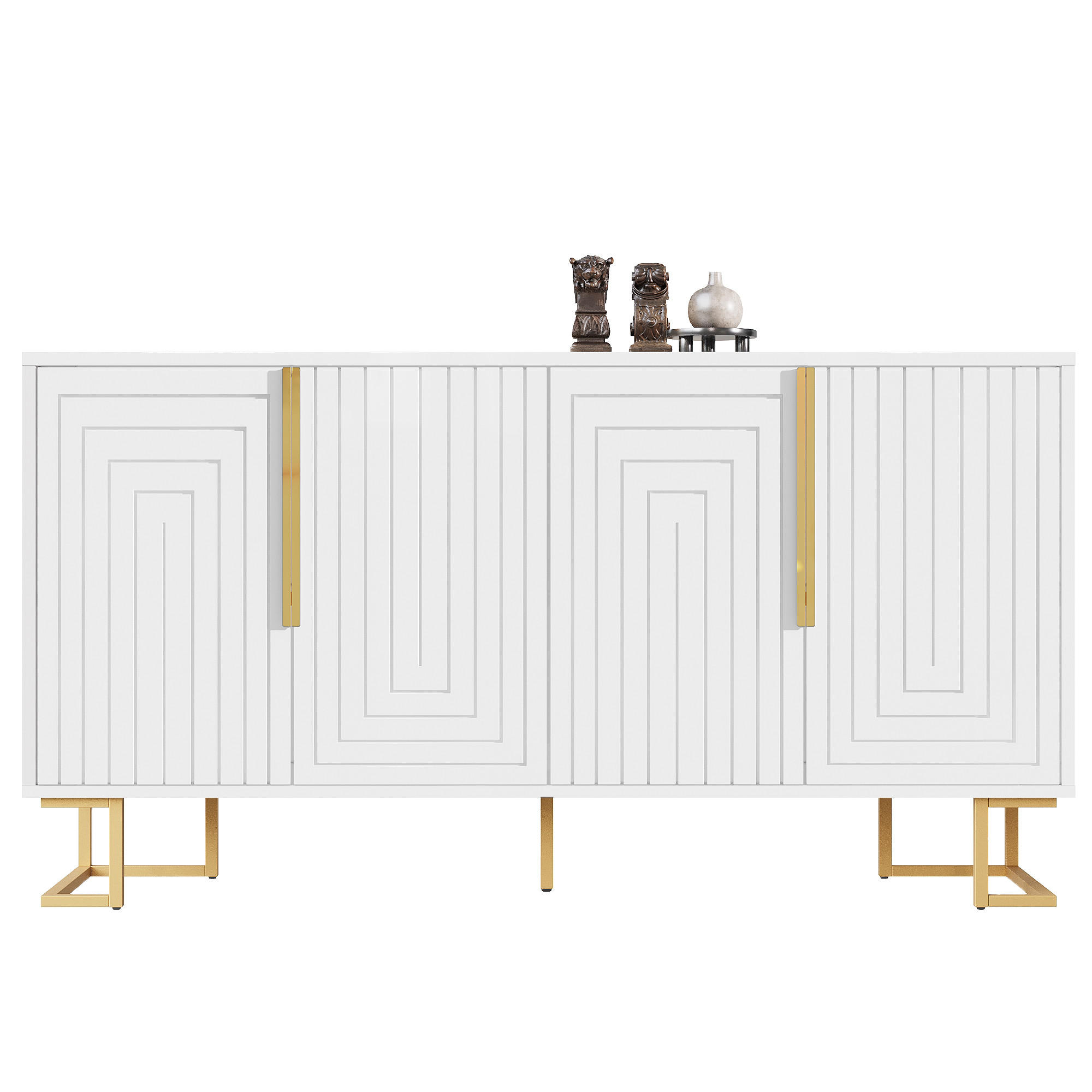 SIDEBOARD aus MDF 152x40x75 cm Weiß mit 2 Türen, 4 Fächern, goldfarbenen Griffen und Kippschutz - Weiß, Holzwerkstoff (152/75/40cm) - Modfu