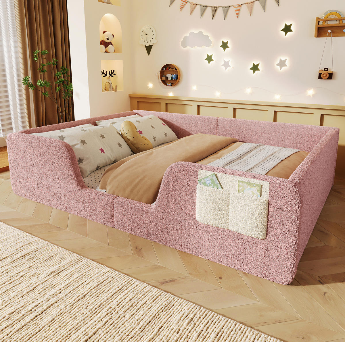 POLSTERBETT 140/190 cm rosa aus Samt mit abnehmbaren Seitengittern - Rosa, Textil (140/190cm) - OKWISH