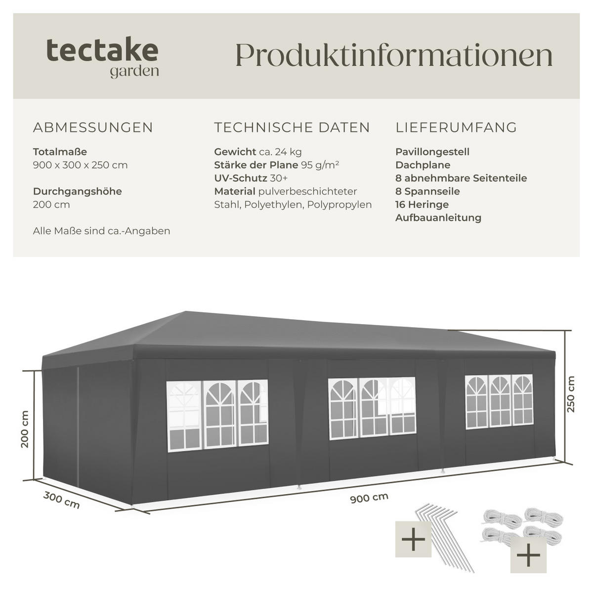 PAVILLON Miramas,wasserdicht,grau - Grau, Kunststoff (300/250/900cm) - tectake