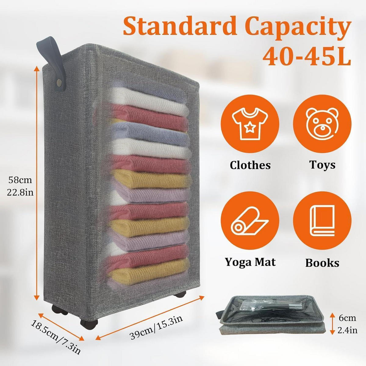 WÄSCHEKORB schmal faltbar mit Rollen 40L dunkelgrau - Anthrazit, Textil (18.5/58/39cm)