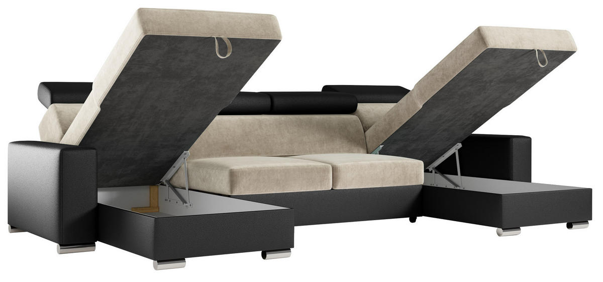 WOHNLANDSCHAFT FOX U Beige/Schwarz - Velvet/Kunstleder - Beige/Silberfarben, Kunststoff/Textil (306/98/168cm) - MKS
