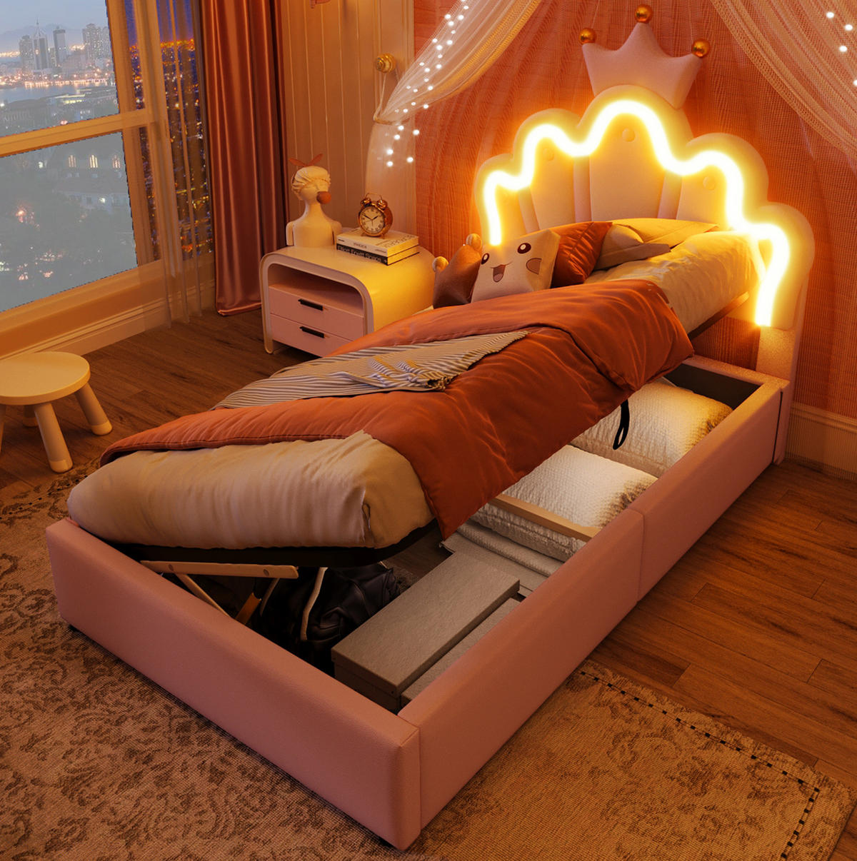 POLSTERBETT aus PU 90x200 cm Rosa mit LED-Lichtleiste, Bettkasten und verstellbarem Kopfteil - Rosa, Leder (90/200cm) - IVMEU