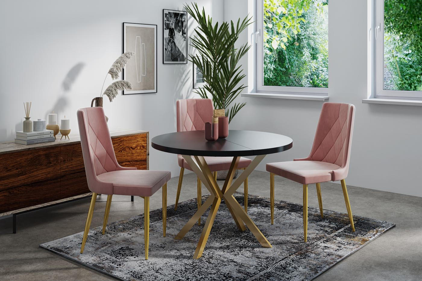 ESSTISCH Flora runder ausziehbarer, Schwarz 100-180/100/76 cm - Goldfarben/Schwarz, Holzwerkstoff/Metall (100/100/76cm) - WFL GROUP