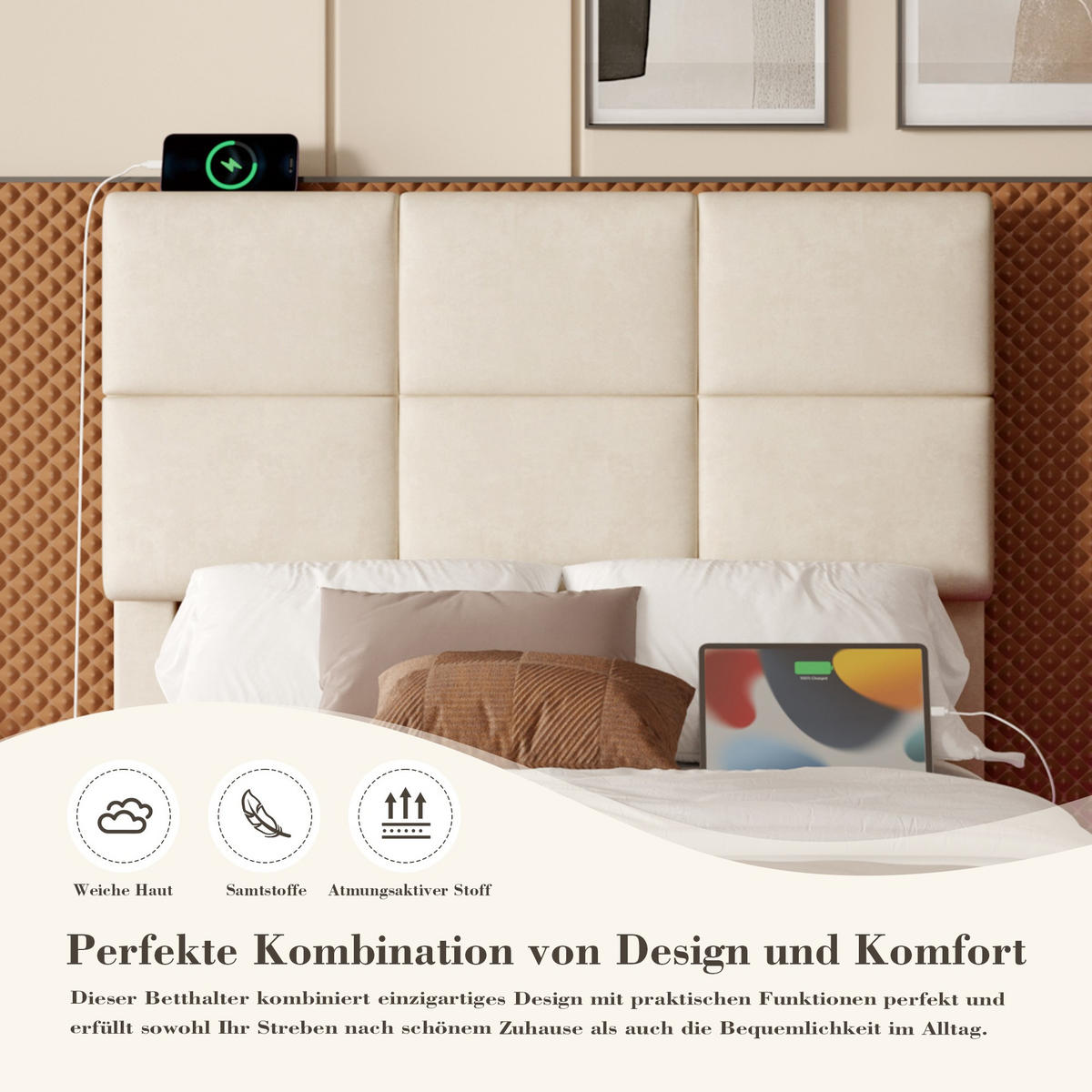 BOXBETT 90/200 mit Bettkasten, LED, USB/Typ C-Ladeanschluss,Samt,Beige - Beige, Holz (90/200cm) - LVHOM