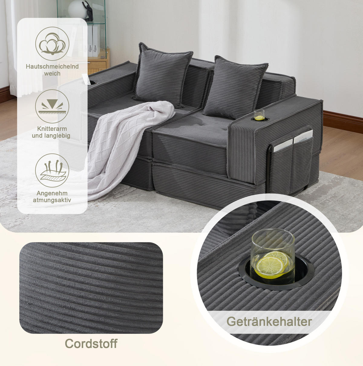 PUFOVÉ sofa 162/78/66 cm tmavě šedá z manšestru s bočními kapsami a dvěma polštáři - tmavě šedá, textil (78/66/162cm) - OKWISH