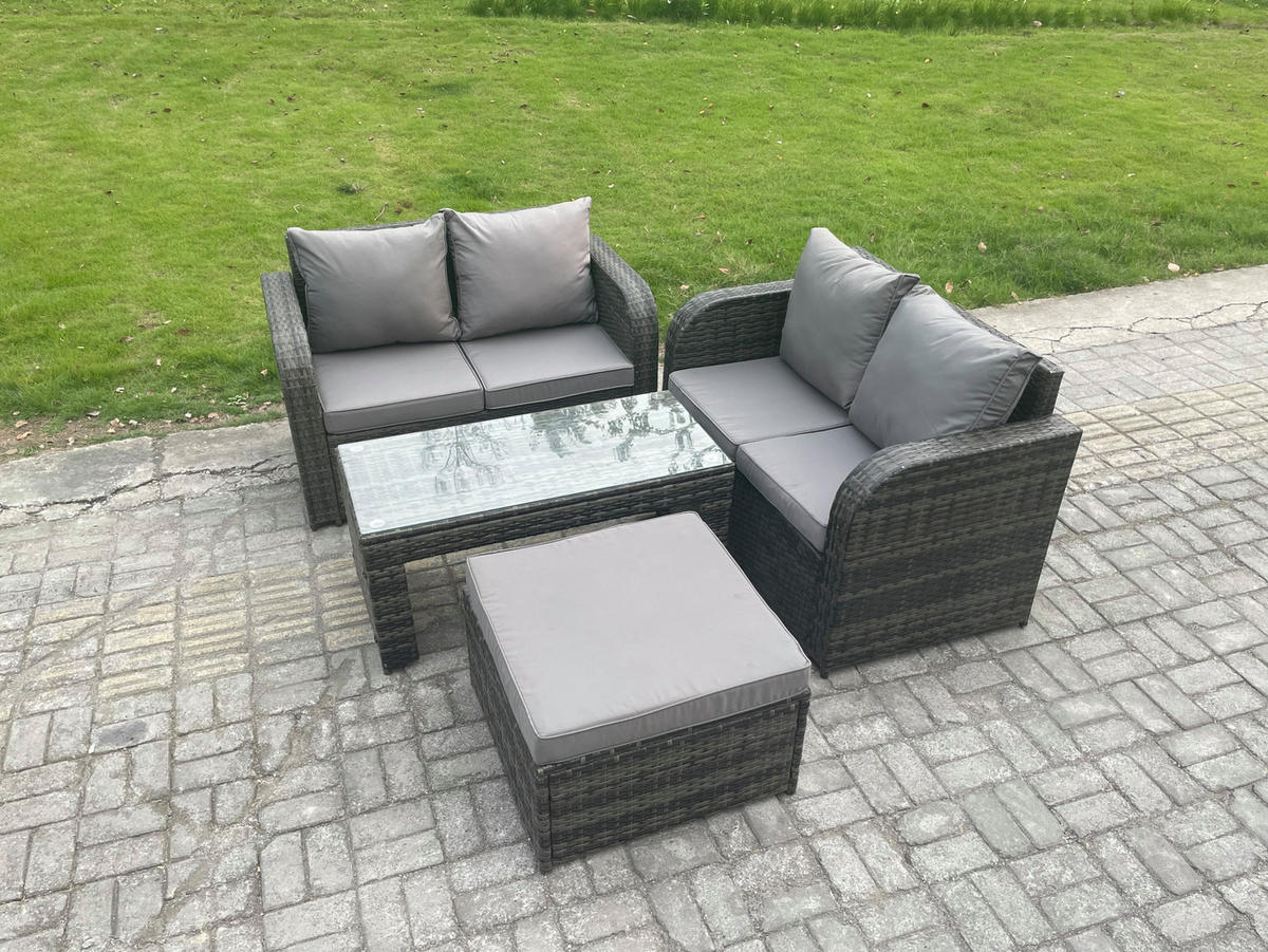 GARTENSOFA SET mit COUCHTISCH HOCKER Polyrattan 5-Sitzer - Dunkelgrau/Grau, Glas/Kunststoff - Fimous