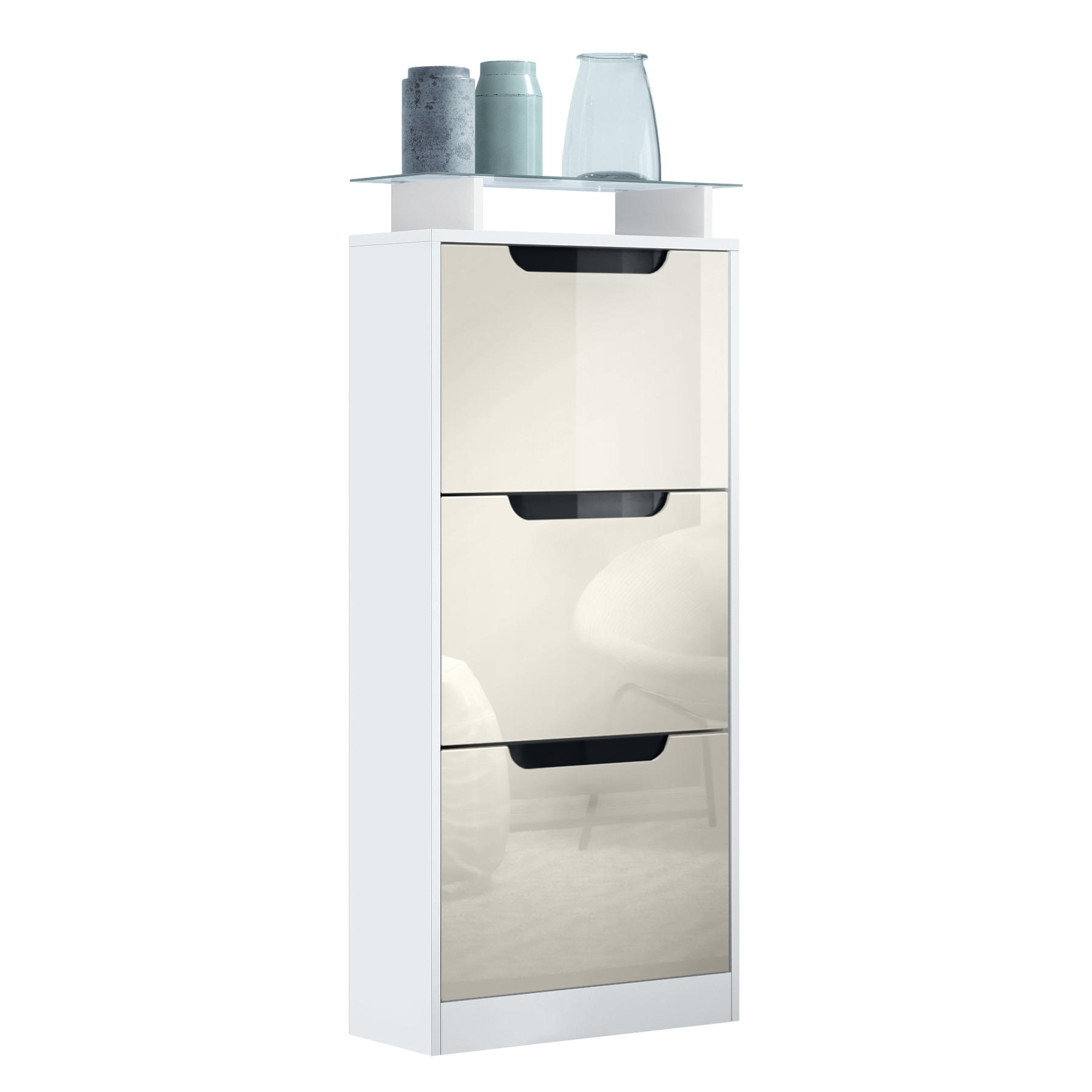 SCHUHSCHRANK Space Creme Hochglanz - Creme, Holzwerkstoff (46/128/23cm) - Vladon
