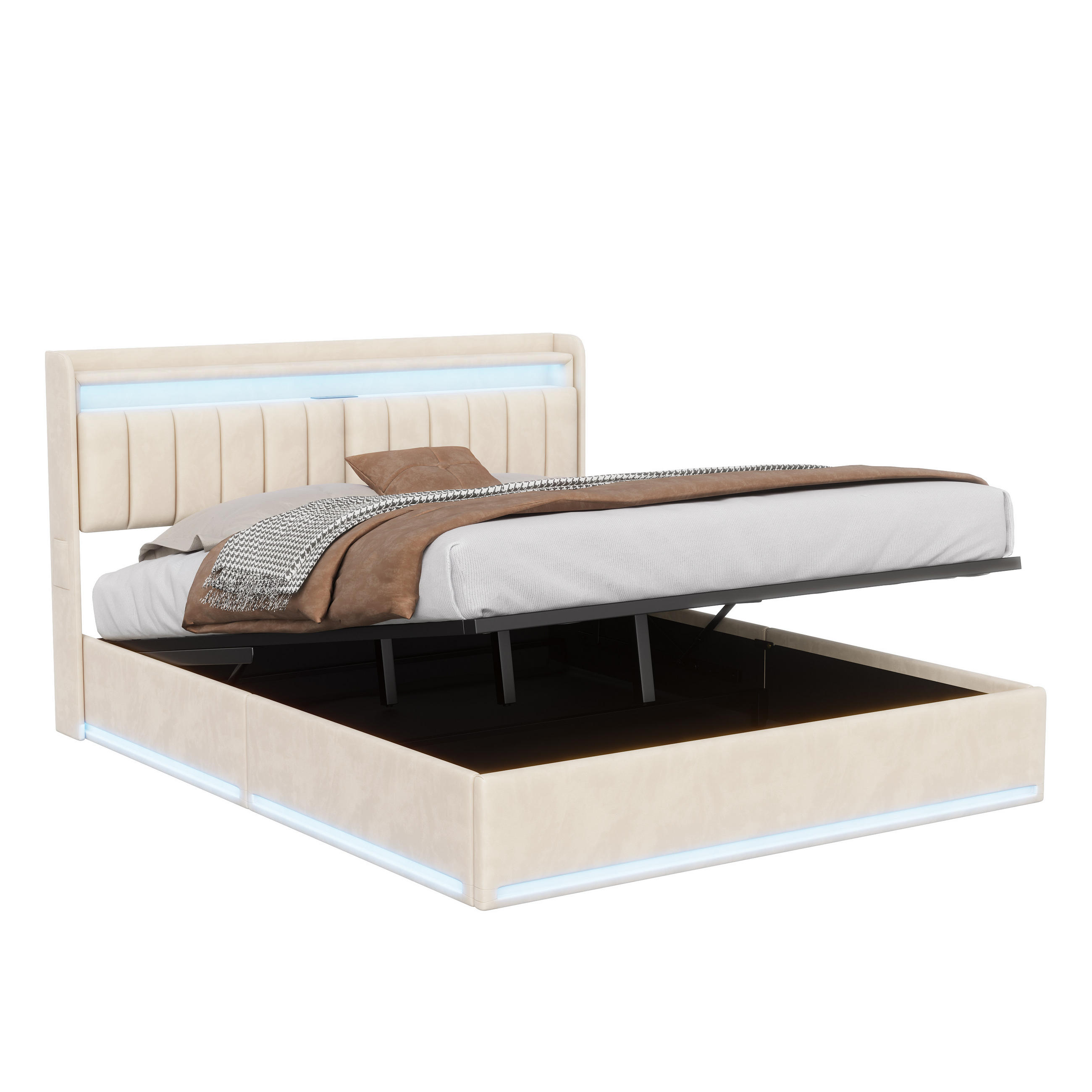 POLSTERBETT 160x200 cm LED Stauraum Lattenrost Kopfteil beige - Beige, Holz (160/200cm) - LEBENLANG