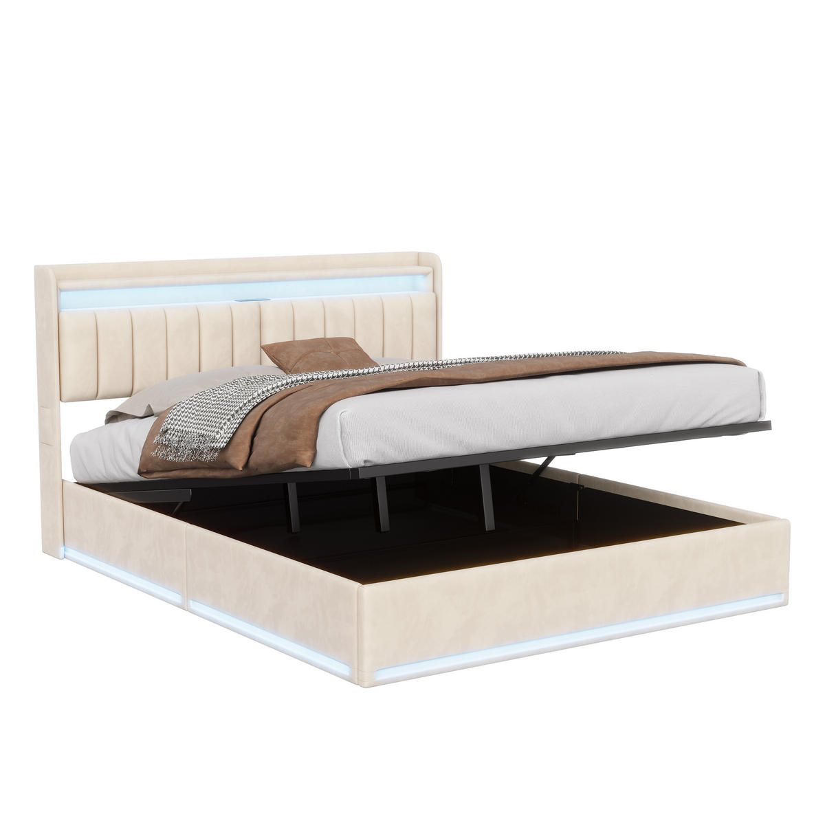 POLSTERBETT 160x200 cm LED Stauraum Lattenrost Kopfteil beige - Beige, Holz (160/200cm) - LEBENLANG
