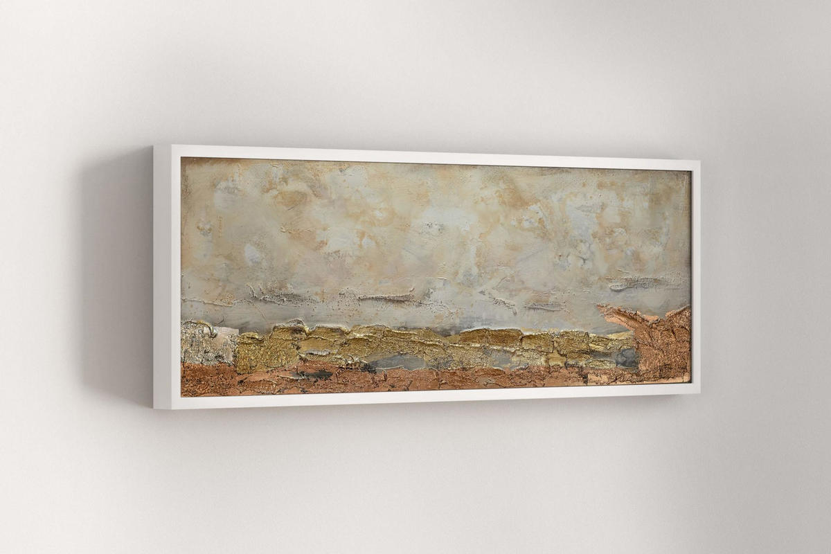 RUČNE MAĽOVANÝ AKRYLOVÝ OBRAZ 120/40 cm, biely/hnedý, abstraktný geometrický motív - hnedá/biela, drevo/textil (120/40cm) - KUNSTLOFT