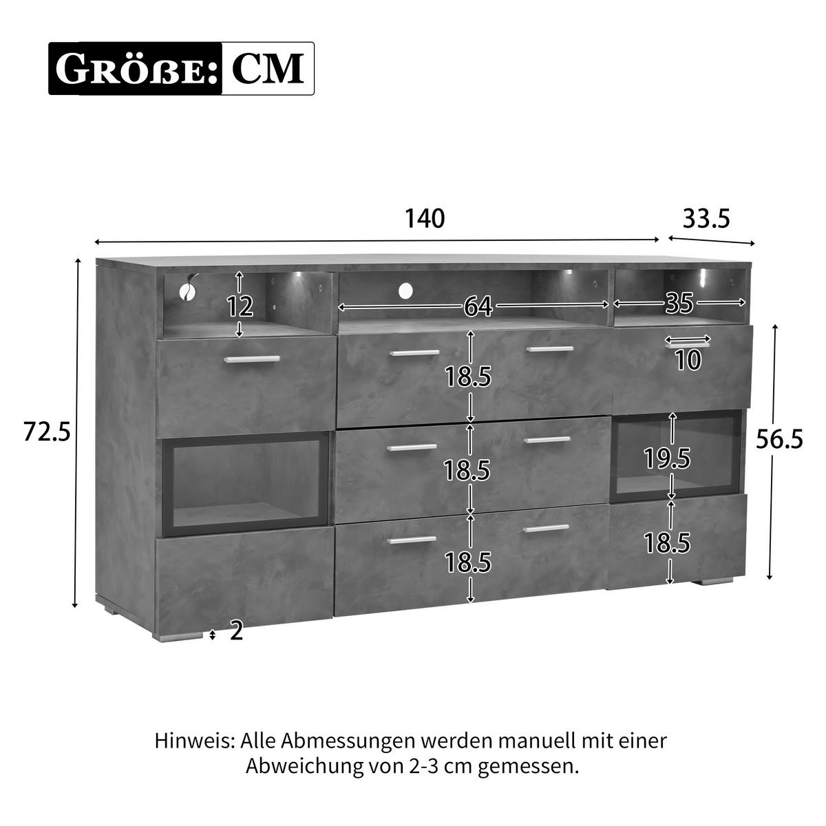 SIDEBOARD LED 2 Türen 3 Schubladen Grau 140cm - Grau, Holzwerkstoff (33.5/72.5/140cm) - FLIEKS