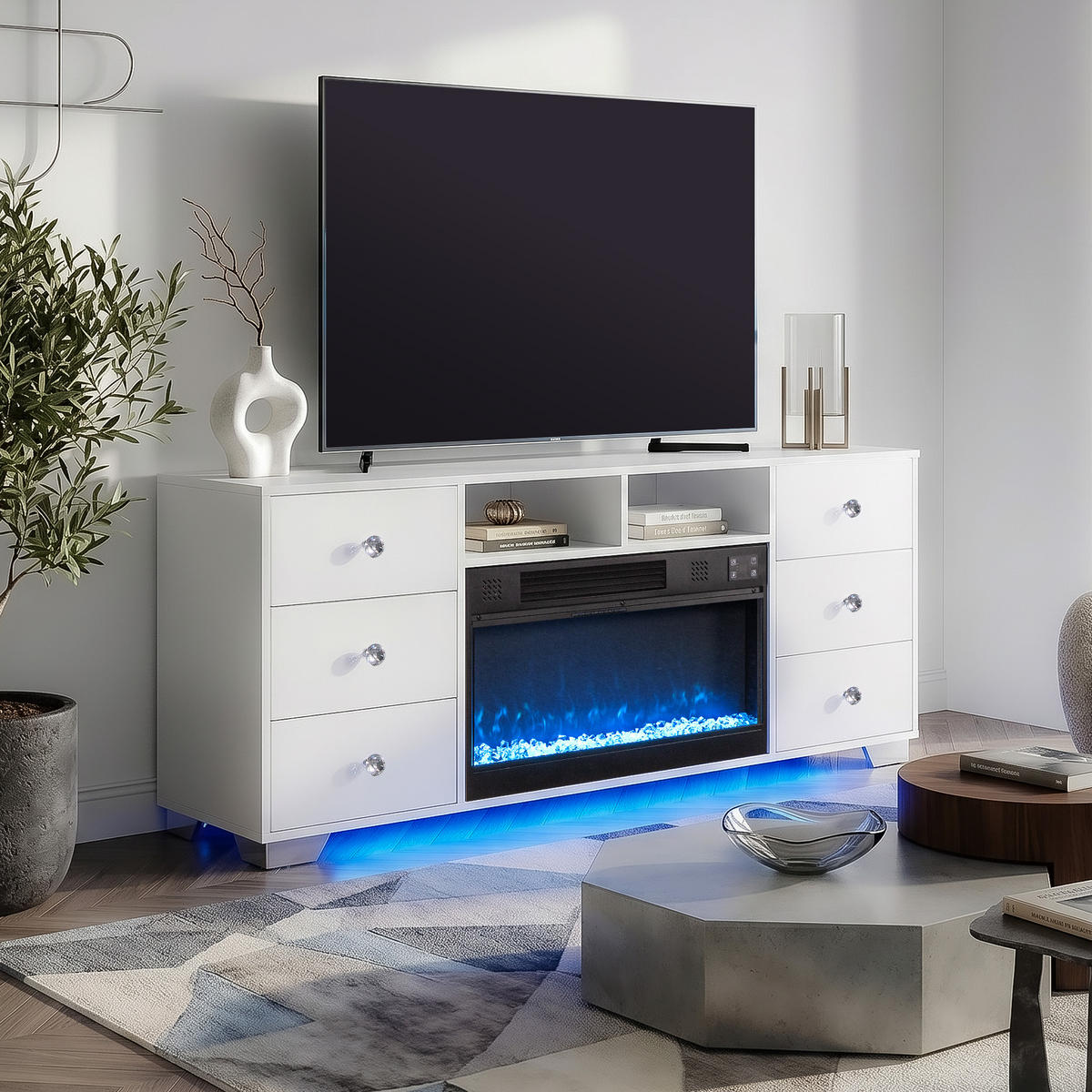 ELEKTROKAMIN mit Schrank 1200W weiβ 140/40/60CM - Weiß/Grau, Glas/Holz (140/60/40cm) - VANITII
