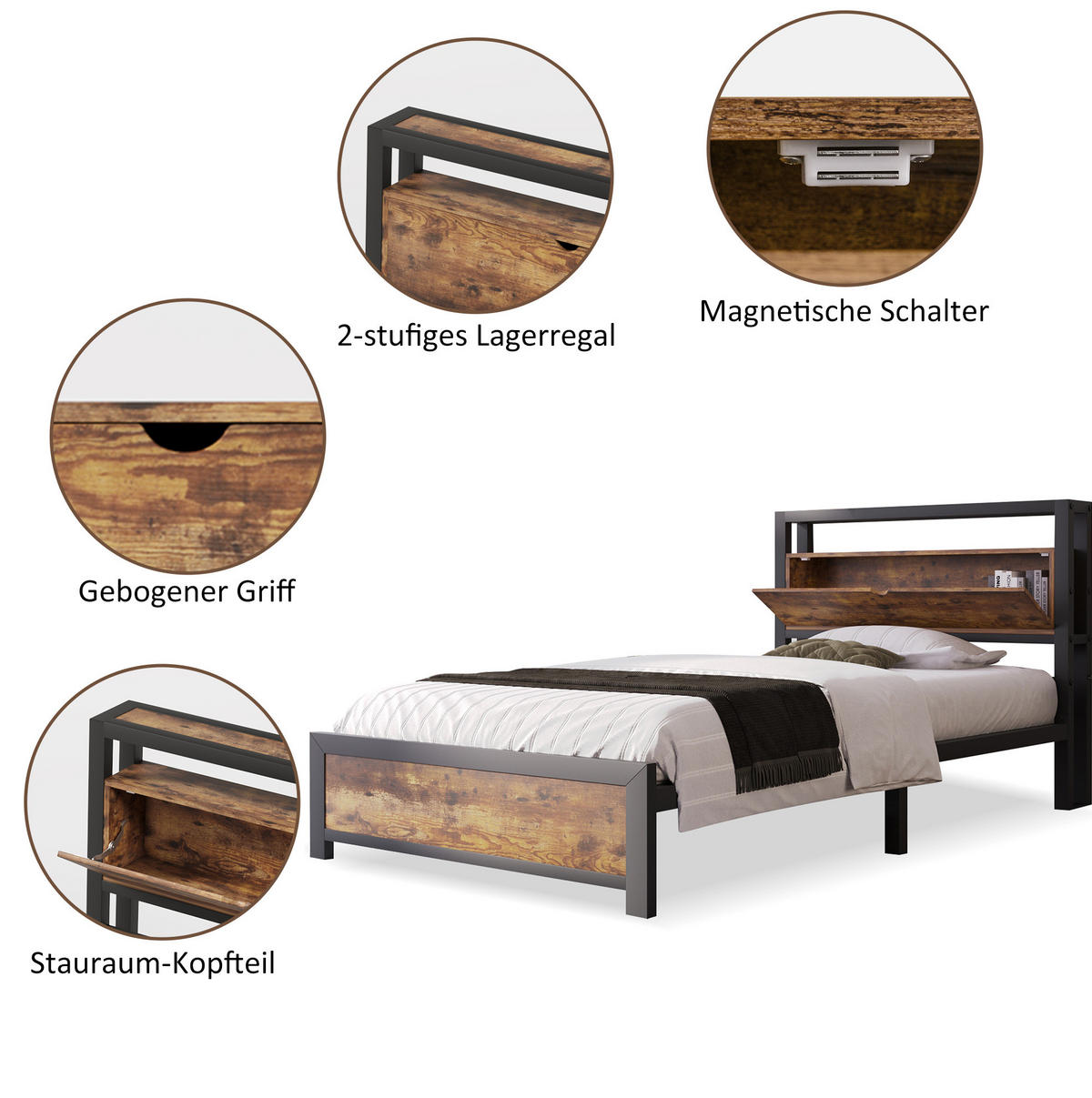 METALLBETT 90/200 cm Natur aus Metall und Holz mit Stauraum-Kopfteil - Naturfarben, Metall (90/200cm) - OKMYHOME