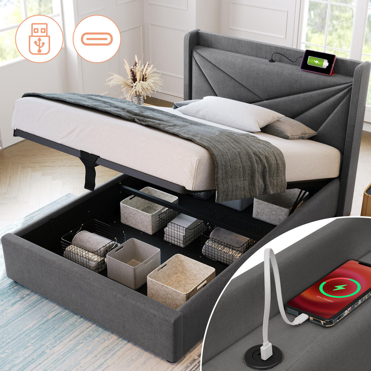 POLSTERBETT 90/200 cm Grey aus Baumwolle Leinen mit Bettkasten - Grau, Textil (90/200cm) - OKMYHOME