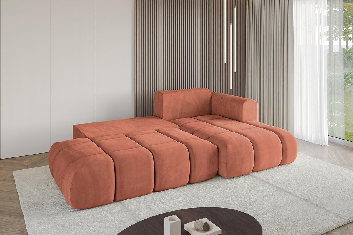 ECKSOFA Ottomane Rechts CLOUD-L 289x180x40 Apricot Velours - Koralle, Holzwerkstoff/Kunststoff (289/180cm) - ALTDECOR
