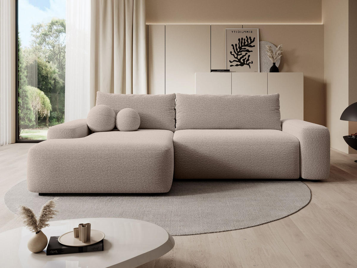 ECKSOFA RUOTA Beige Boucle-Stoff mit Schlaffunktion - Beige, Holz (264/162cm) - MASSENO