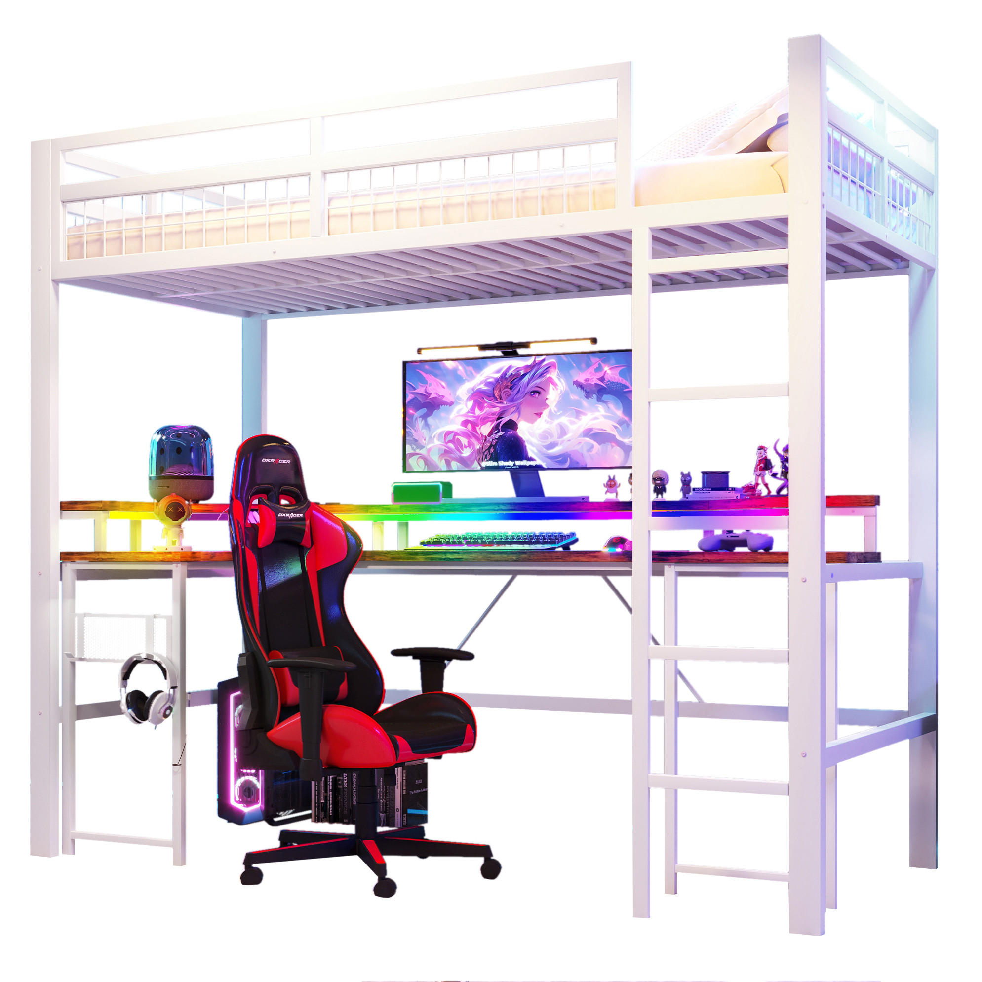 HOCHBETT 90/200 cm Weiß mit LED und Schreibtisch ohne Matratze - Weiß, Metall (90/200cm) - MIVRAY