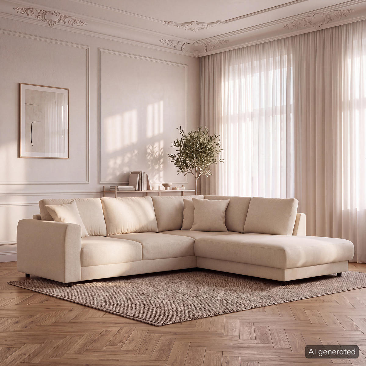 ECKSOFA mit Ottomane - Beige/Schwarz, Holz/Kunststoff (267/254cm) - home24