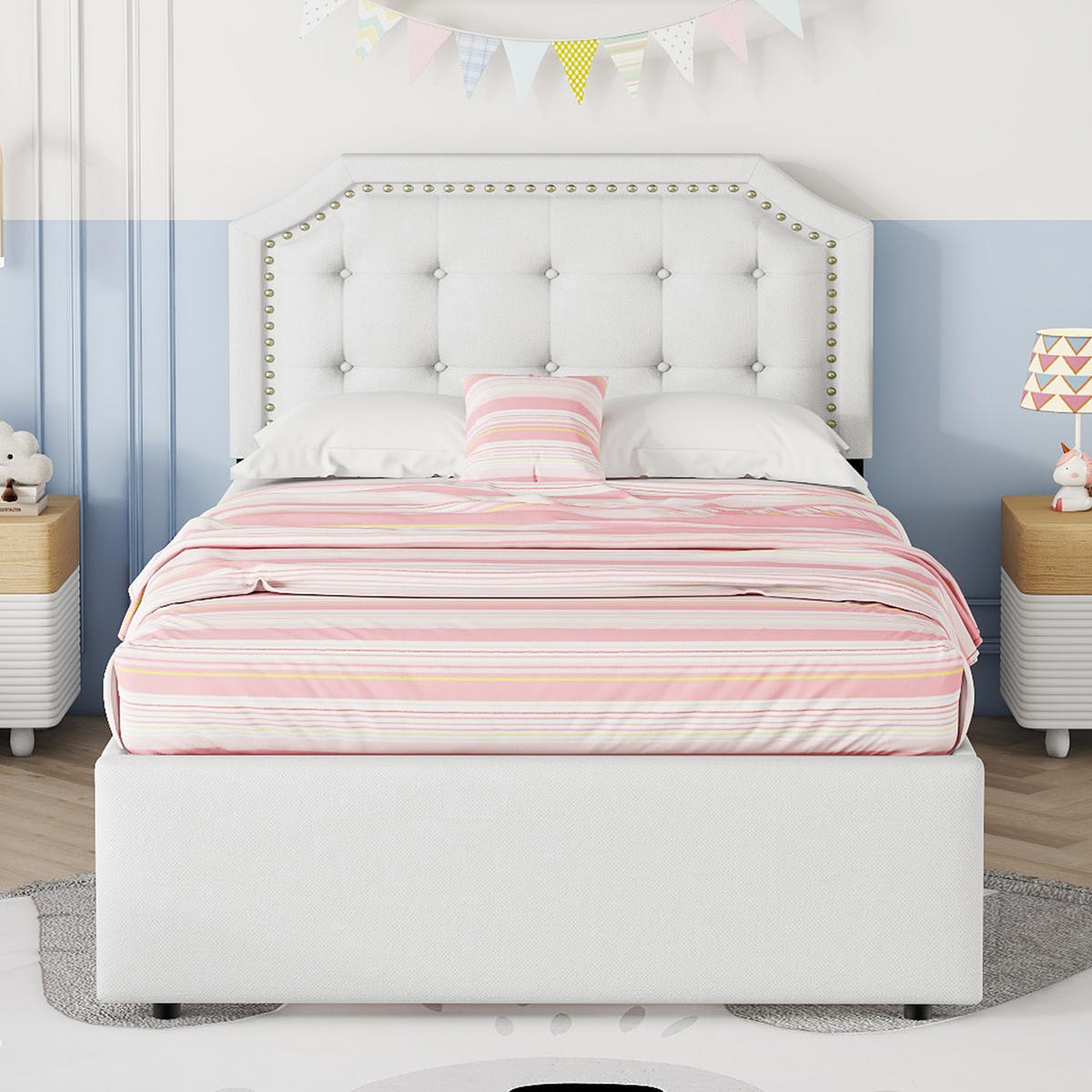 POLSTERBETT 90/200 cm Hellbeige mit Schubladen und dekorativen Nieten - Ecru, Holzwerkstoff (90/200cm) - OKWISH