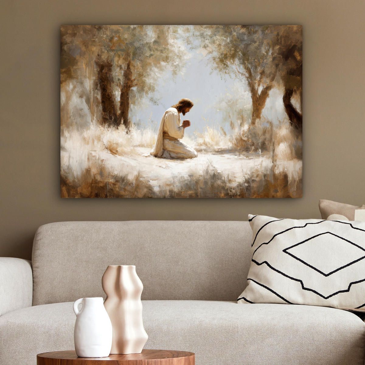 LEINWANDBILD Jesus - Kniend - Waldlandschaft - Betend Wandbilder 80x60 cm - Beige/Hellblau, Textil (80/60cm) - MuchoWow