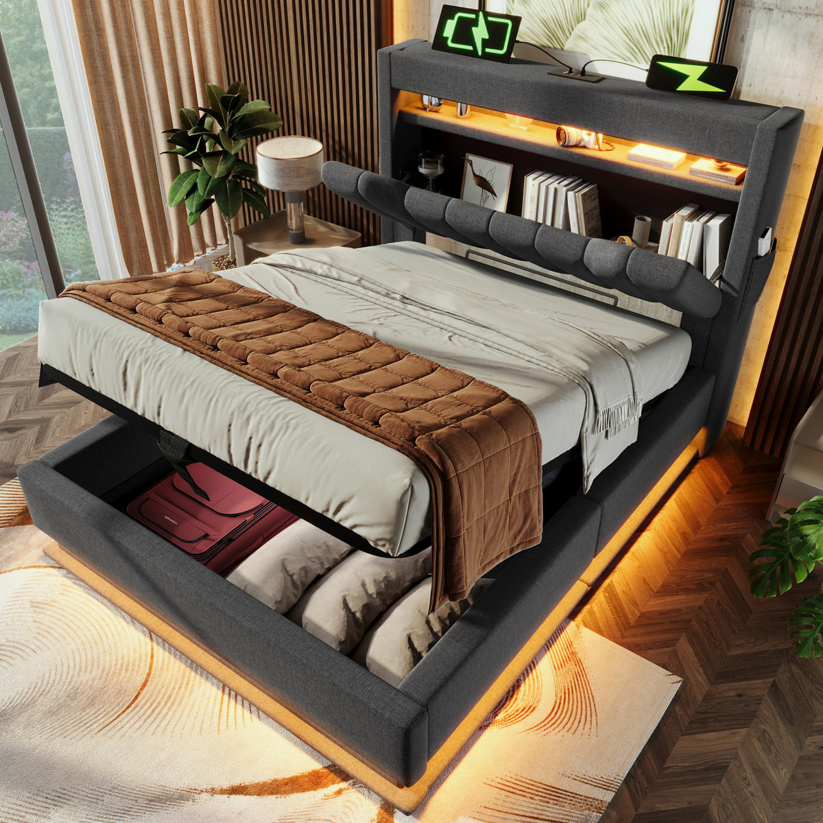 POLSTERBETT mit Stauraum und LED 90x200 cm Leinen Grau - Grau, Metall (90/200cm) - Meubliv