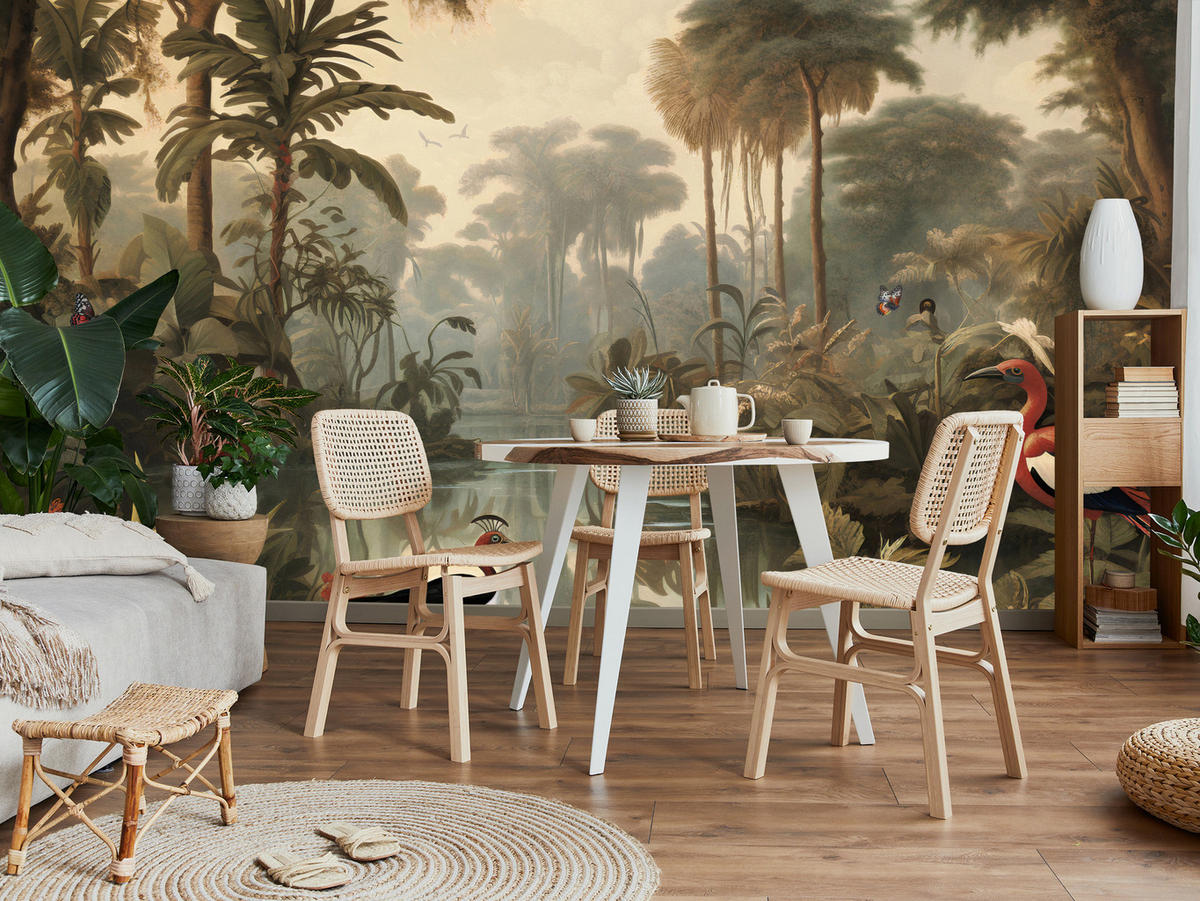 FOTOTAPETE Dschungel Tropische Pflanzen Vögel 100x70 - Gelb/Beige, Papier (100/70cm) - Muralo