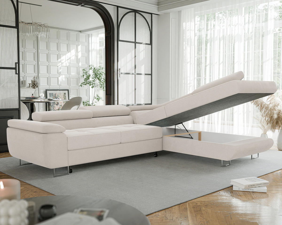 ECKSOFA ANTON mit Schlaffunktion und Bettkasten Creme - Creme, Holzwerkstoff/Kunststoff (274/203cm) - Idohome