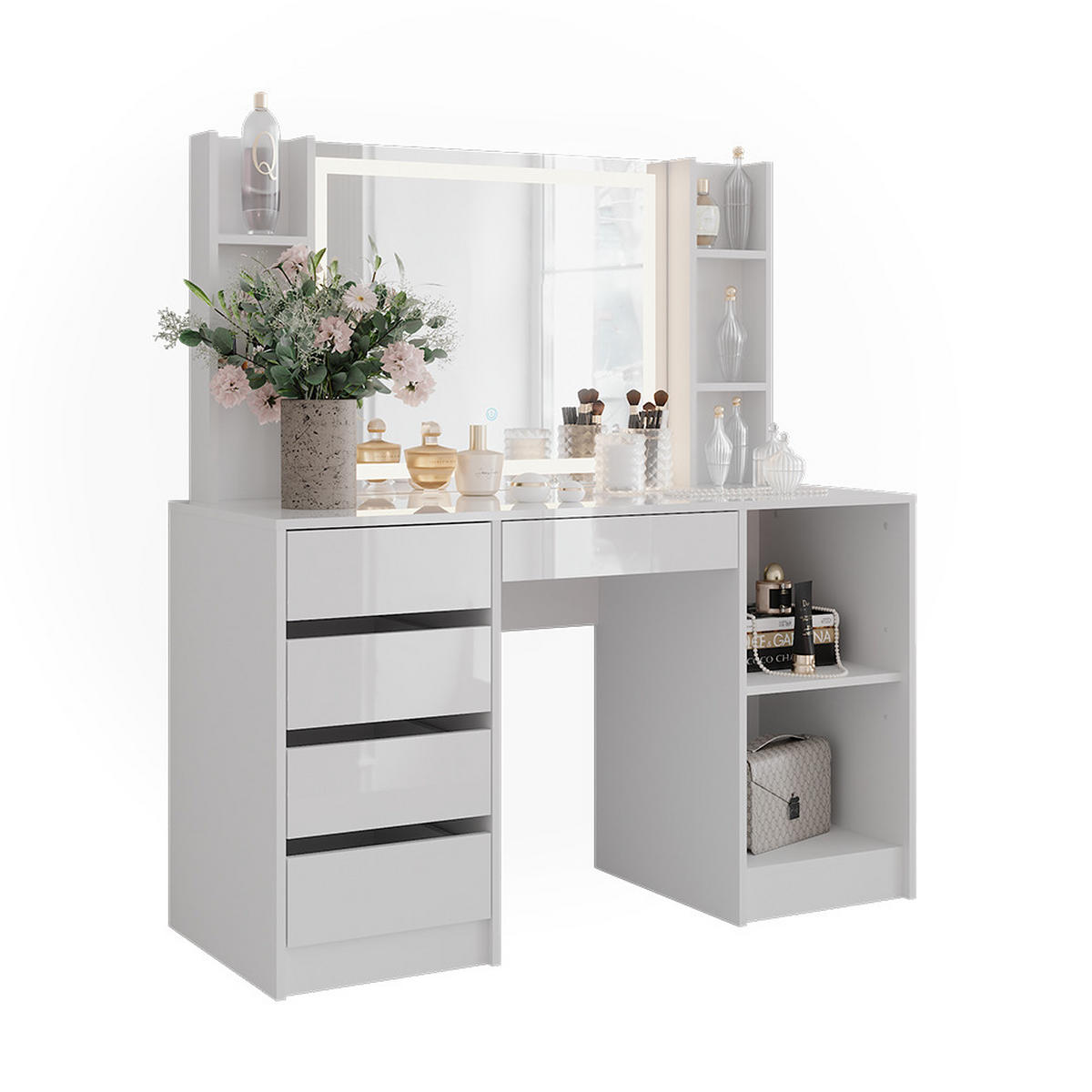 SCHMINKTISCH Sherry Weiß/Weiß Hochglanz 128.2 cm mit LED-Spiegel - Weiß Hochglanz, Holzwerkstoff (128.2/76/50.1cm) - Vicco