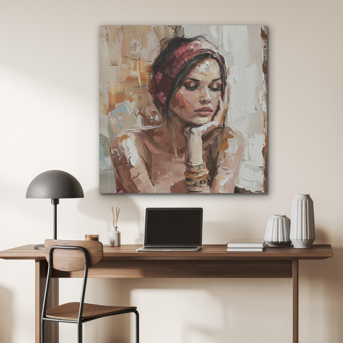 AKUSTIKPANEEL Frau - Porträt - Modern 90x90 cm - Altrosa, Textil (90/0.9/90cm) - MuchoWow