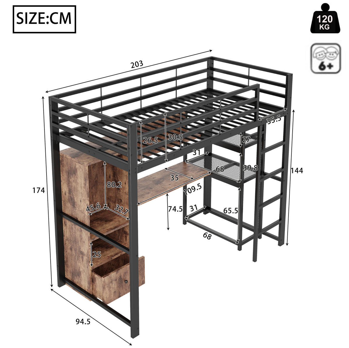 HOCHBETT 90/200 cm schwarz aus Metall/MDF mit Schreibtisch - Schwarz, Holzwerkstoff (90/200cm) - OKWISH