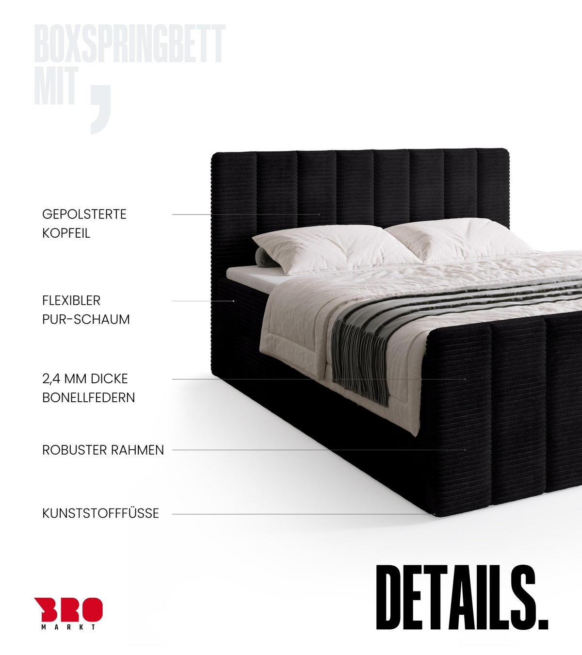 BOXSPRINGBETT Denver DUO mit Topper 180x200 Anthrazit - Anthrazit, Textil (180/200cm) - Bromarkt