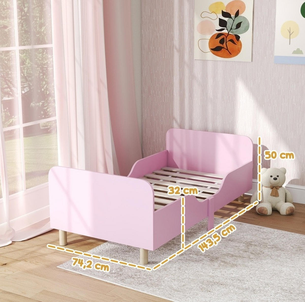 KINDERBETT 143,5/74,2/50 cm aus MDF und Kiefernholz mit Rausfallschutz Rosa - Pink, Holz (70/140cm) - Modenvie